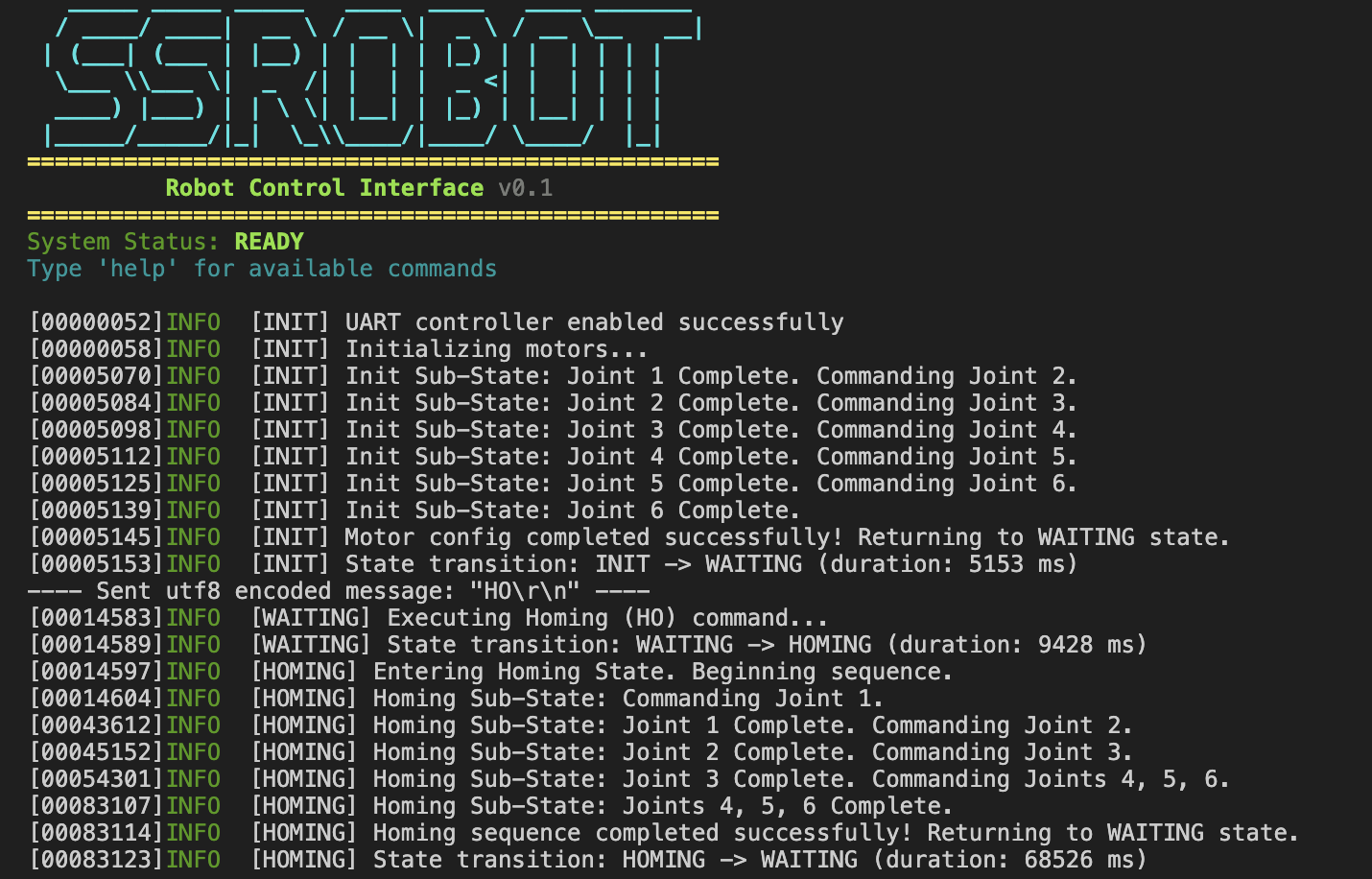 Terminal showing the robot control interface: startup log, motor initialization and a homing sequence