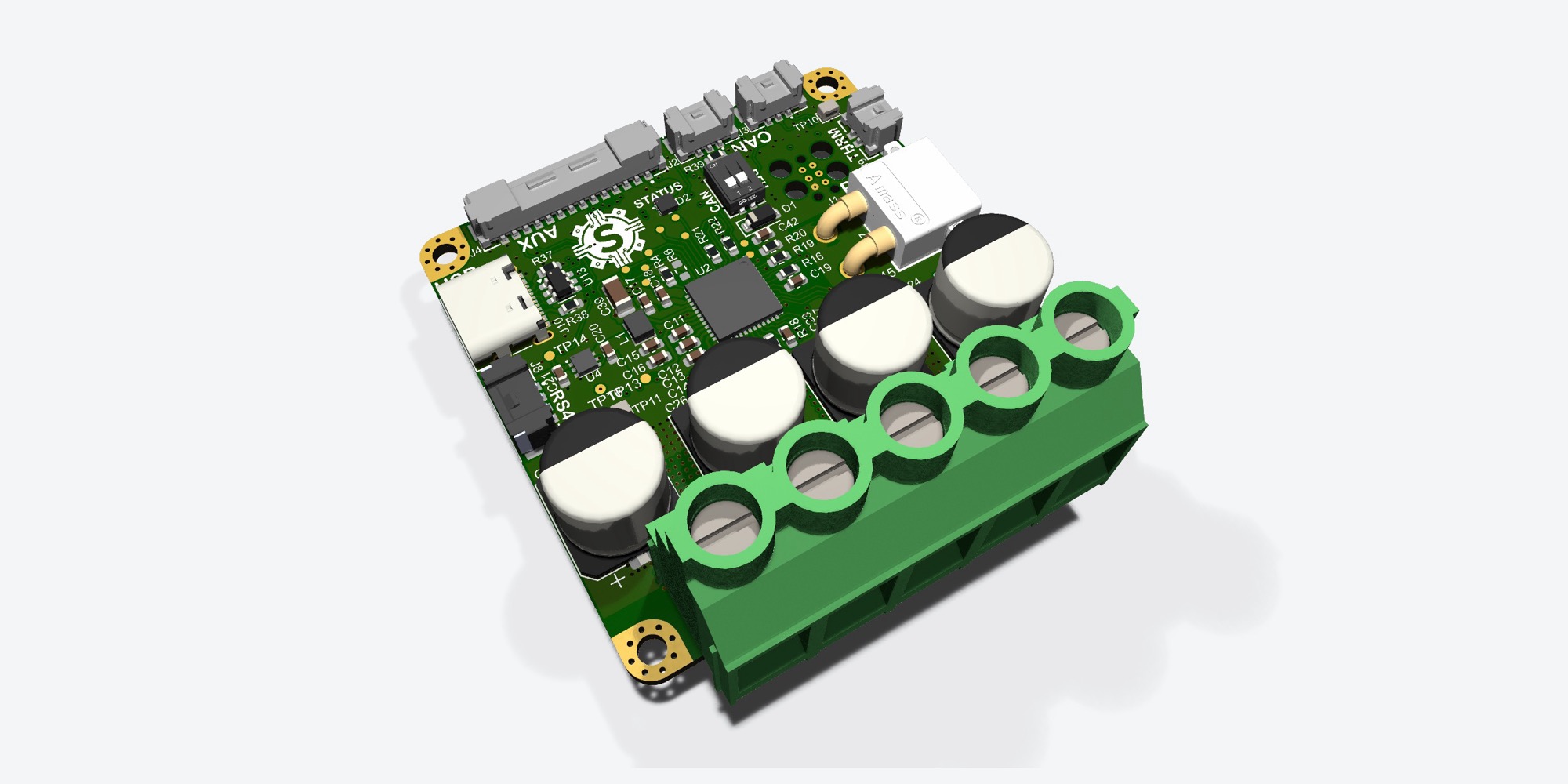 3D render of the FOC motor driver PCB with bulk capacitors and a five-way screw terminal