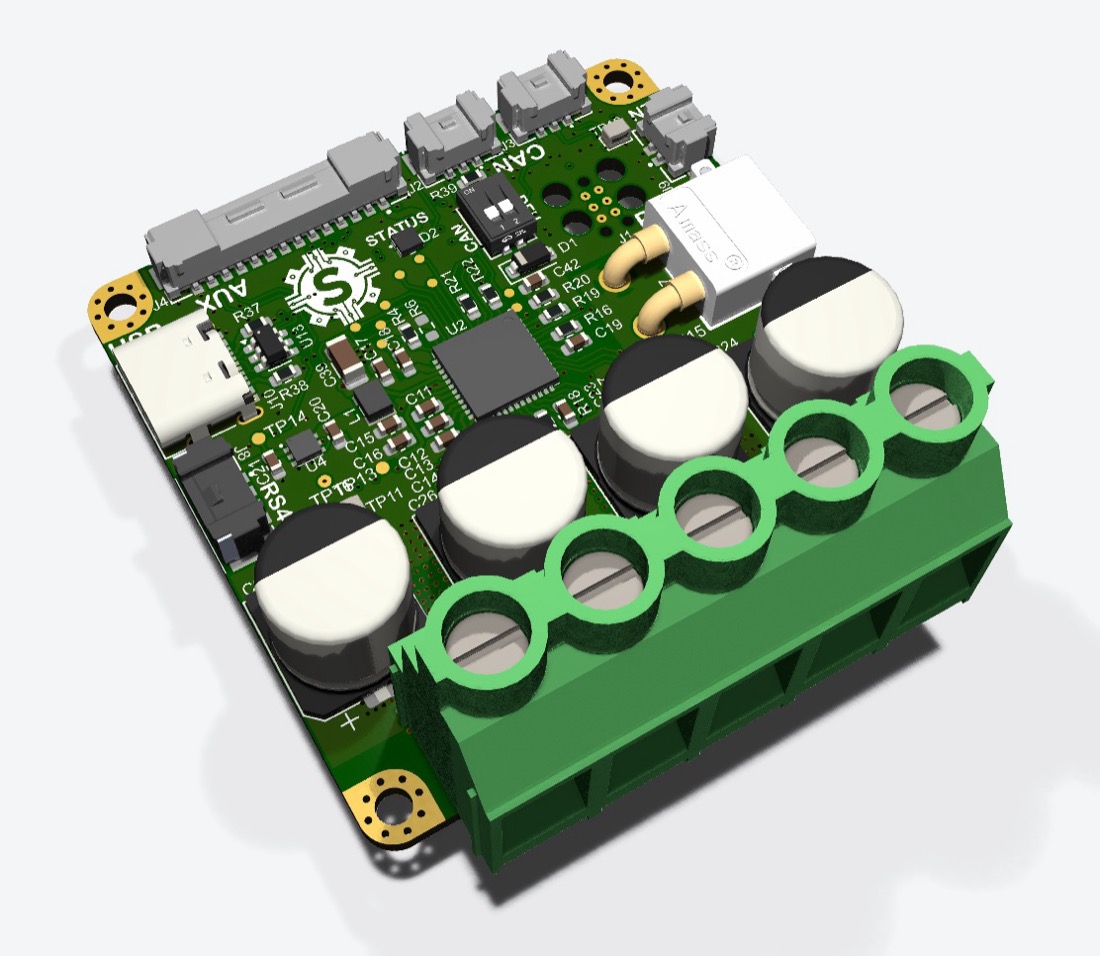 3D render of the FOC driver board seen from above at an angle