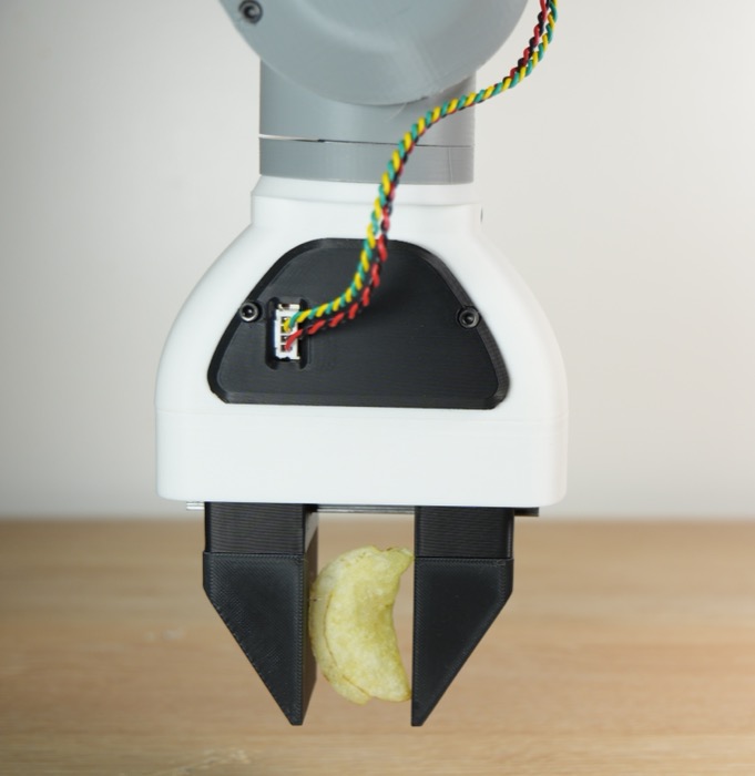 Front view of the gripper on the robot arm, holding a potato chip
