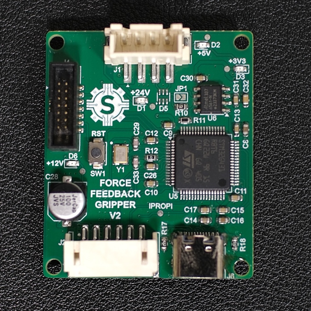 Front of the gripper controller PCB with the STM32G431 microcontroller, USB-C port and connectors