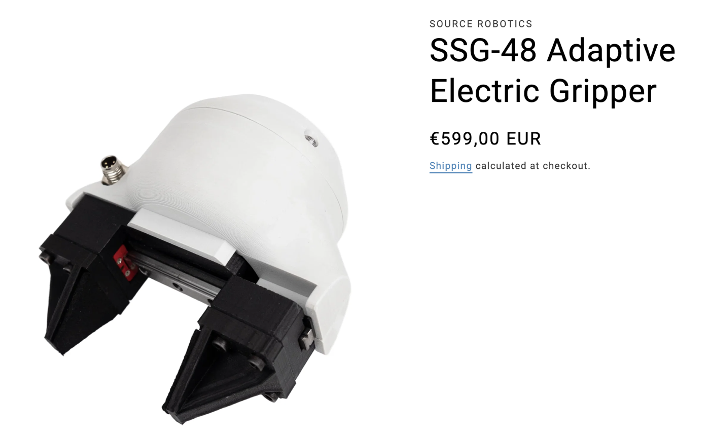 Source Robotics product page for the SSG-48 Adaptive Electric Gripper, priced at 599 euros