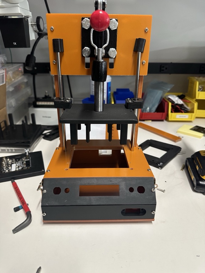 Fixture partly assembled, with the front panel cut-outs