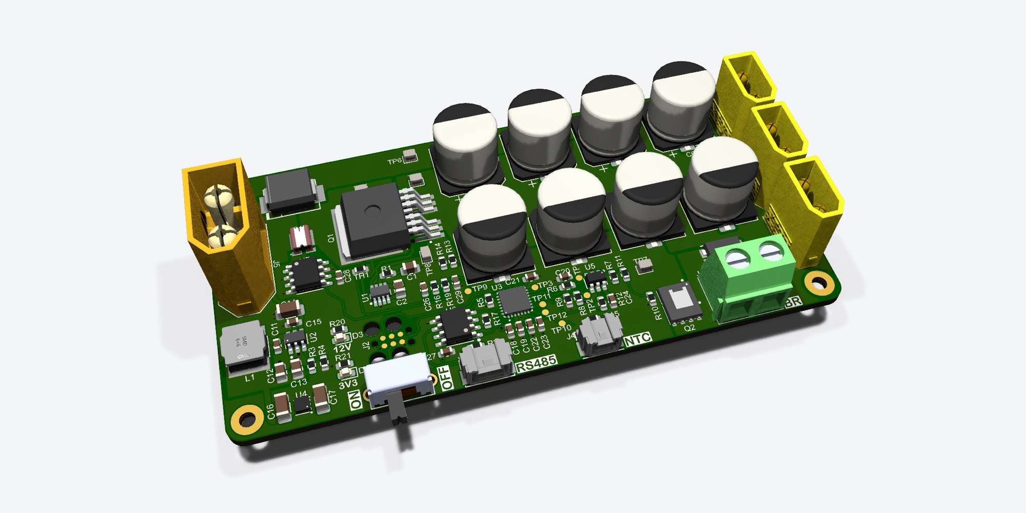 3D render of the power distribution board with eight bulk capacitors and power connectors on both ends