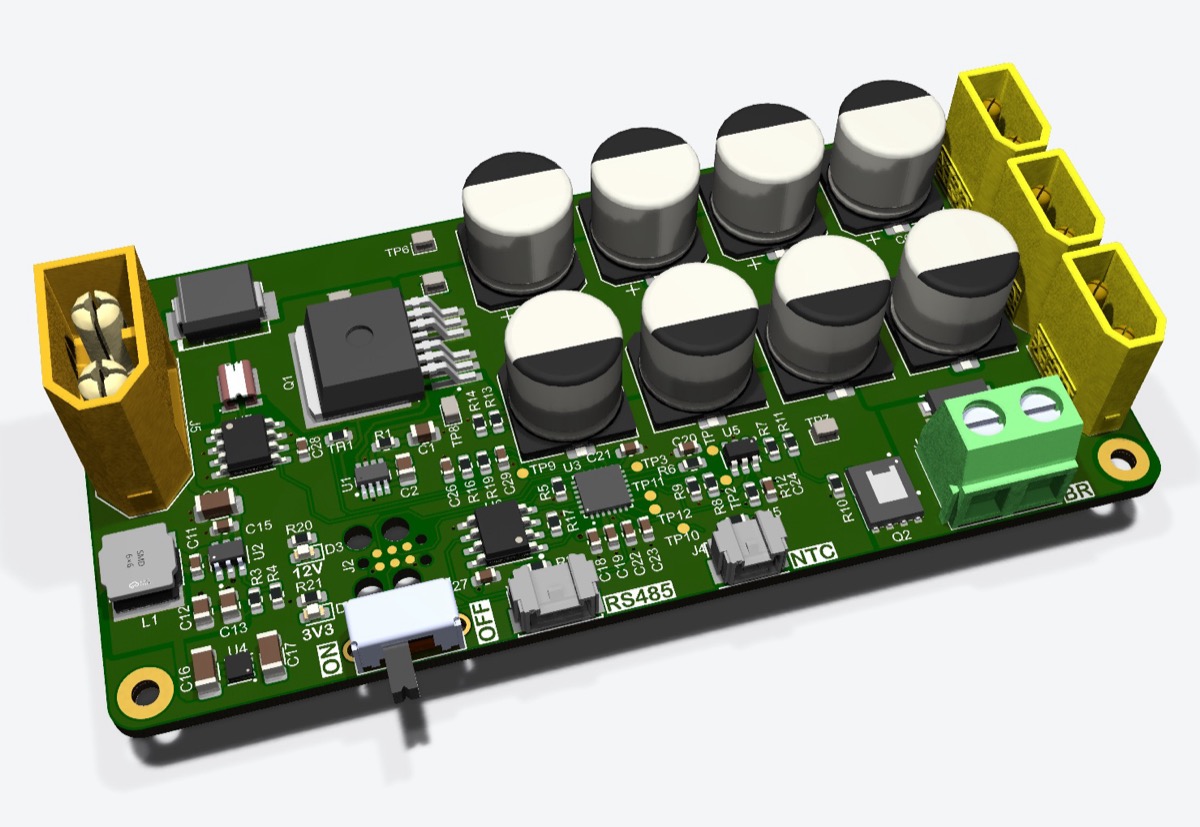 3D render of the power distribution board with a large connector on the left, eight bulk capacitors in the middle and three connectors plus a two-way screw terminal on the right