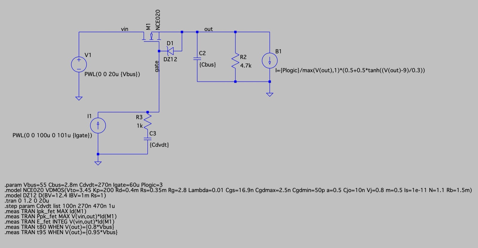 LTspice schematic of the precharge circuit: 55 V source, MOSFET M1 with a 12 V zener from gate to source, 60 µA gate current source with 1 kΩ and Cdvdt to ground, and the bus capacitance, a 4.7 kΩ resistor and the logic load on the output
