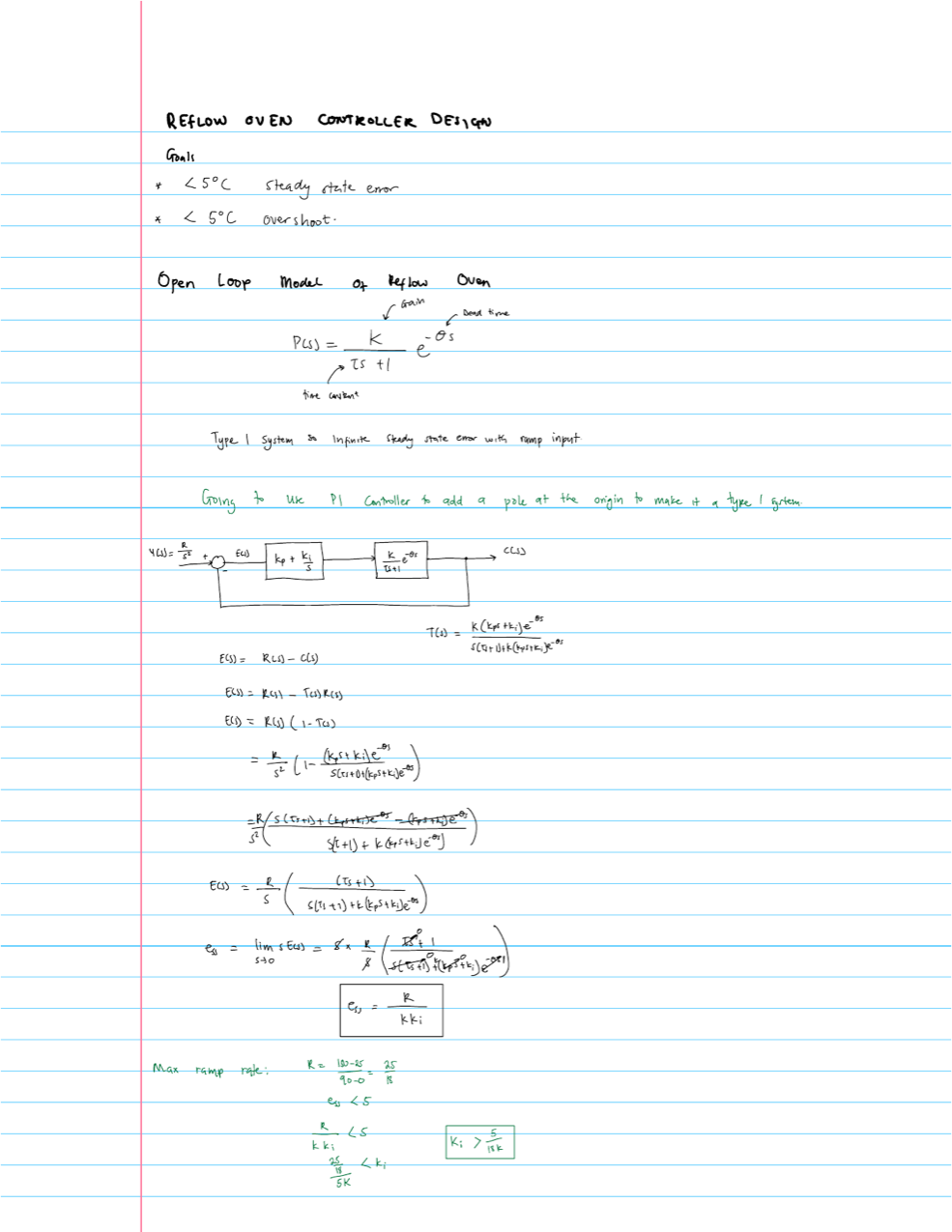 Handwritten derivation of the steady-state ramp error for a PI controller on the FOPDT plant