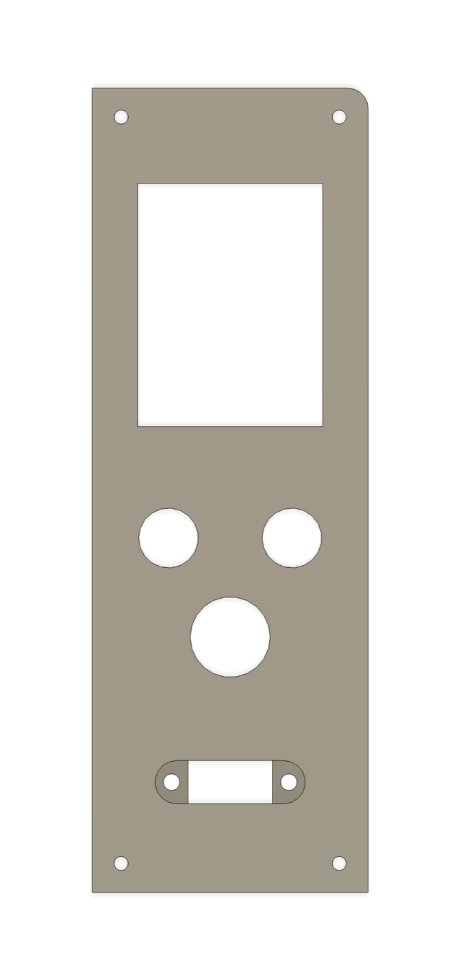 Fusion 360 model of the face plate with cut-outs for the display, two LEDs, a switch and a USB port