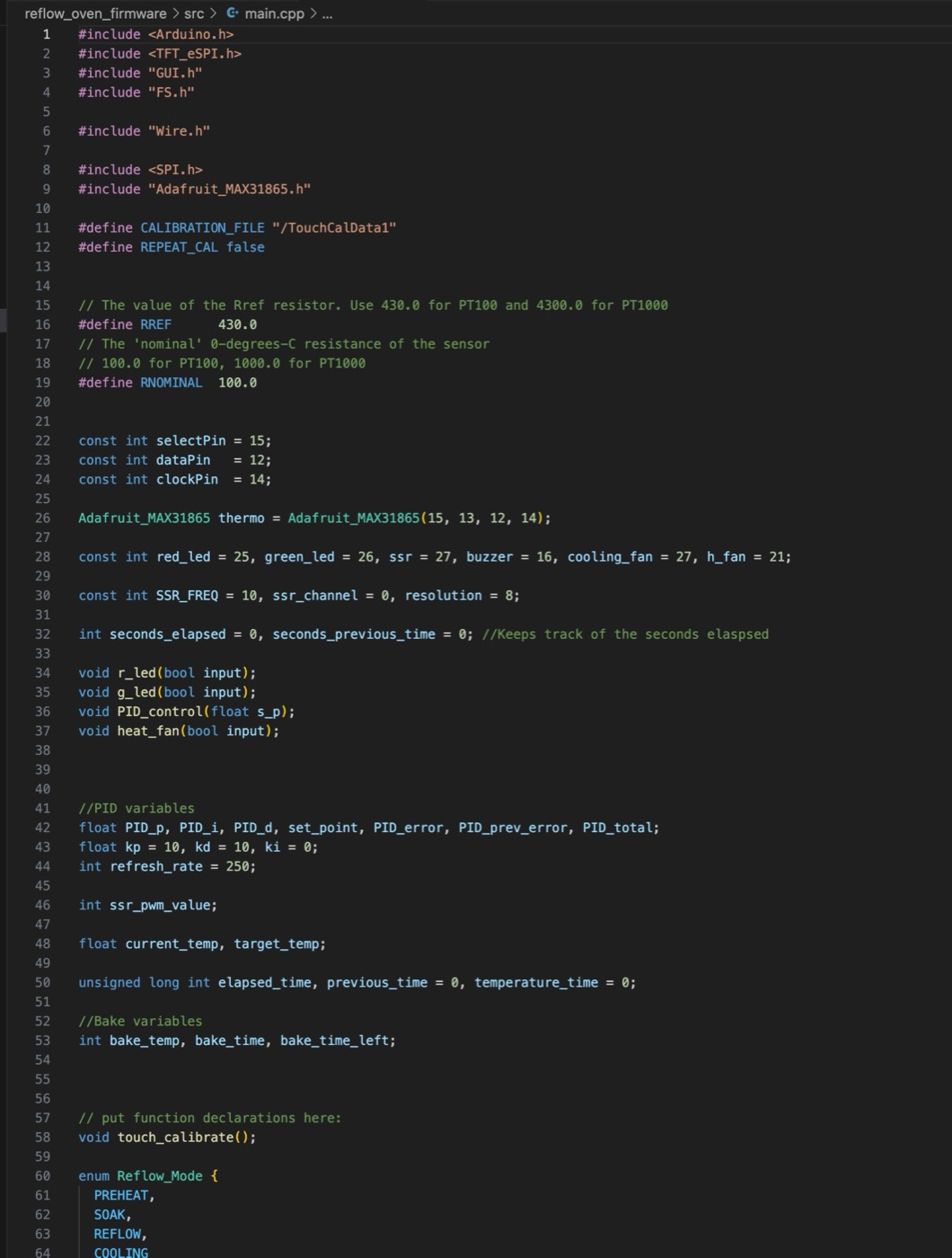 The start of main.cpp: includes, pin definitions, PID variables and the Reflow_Mode enum