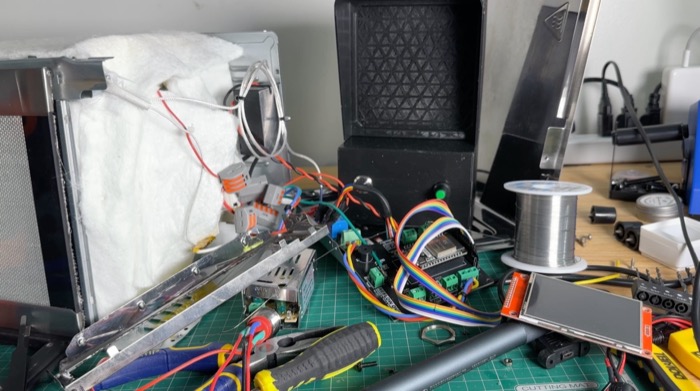 The oven opened up during the build, with the ceramic blanket, wiring and the controller board