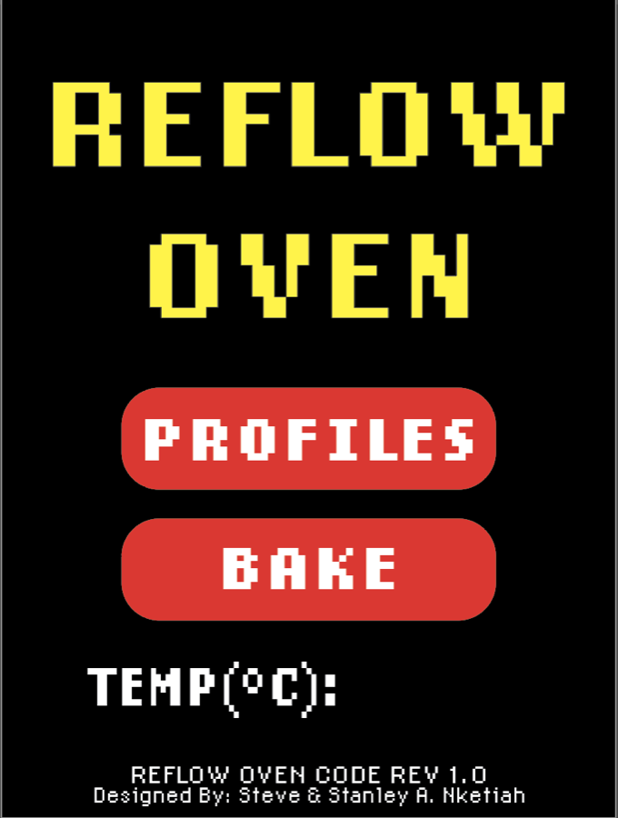 GUI home page with Profiles and Bake buttons and the oven temperature
