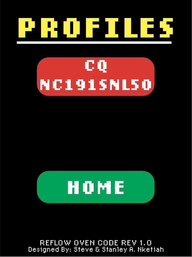 GUI profiles page listing the CQ NC191SNL50 solder paste, with a Home button
