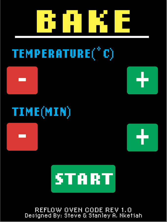 GUI bake page with plus and minus buttons for temperature and time, and a Start button