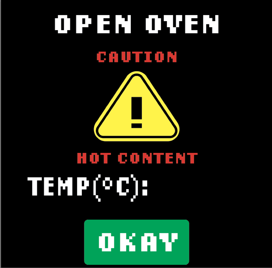 GUI open-oven warning page: caution, hot content, with an Okay button