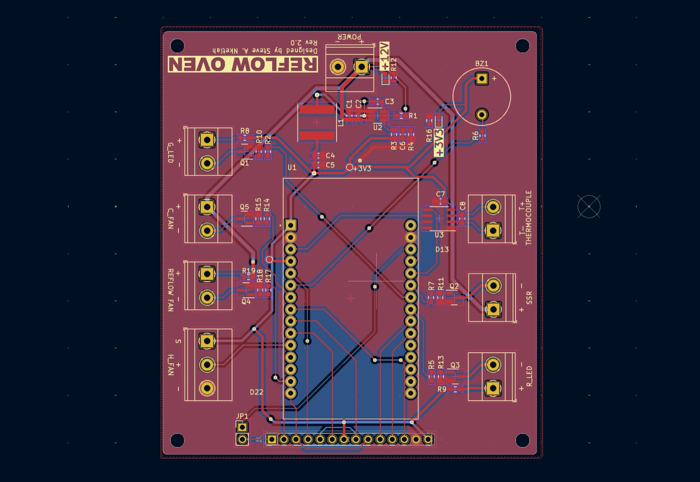 KiCad layout of the reflow oven board with terminal blocks around the edges and the ESP32 footprint in the middle