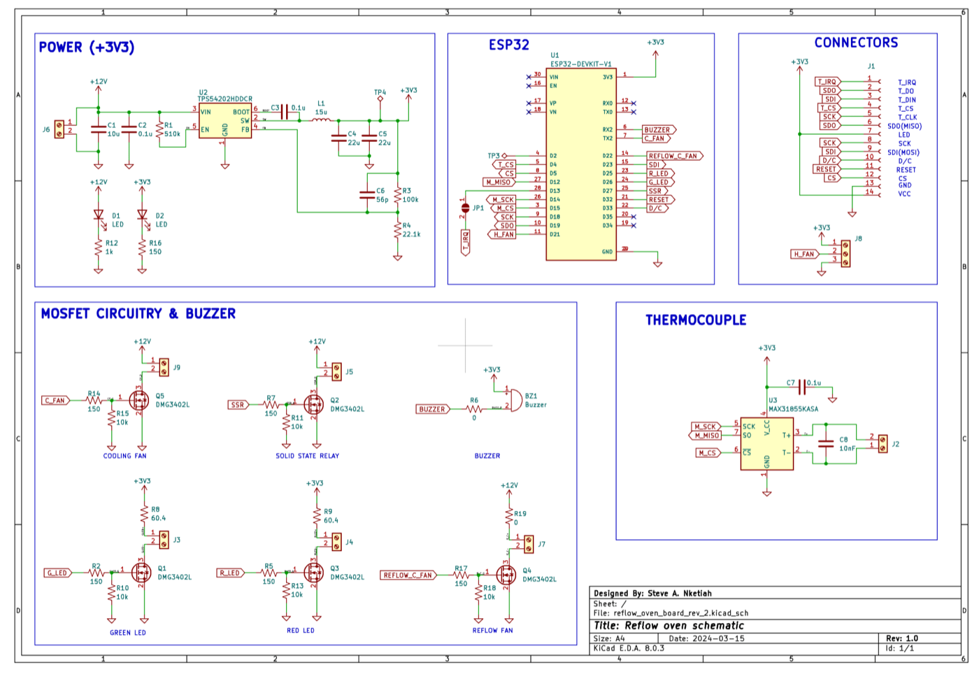 KiCad schematic of the reflow oven board: 3.3 V power, ESP32, display connector, MOSFET drivers and buzzer, thermocouple amplifier