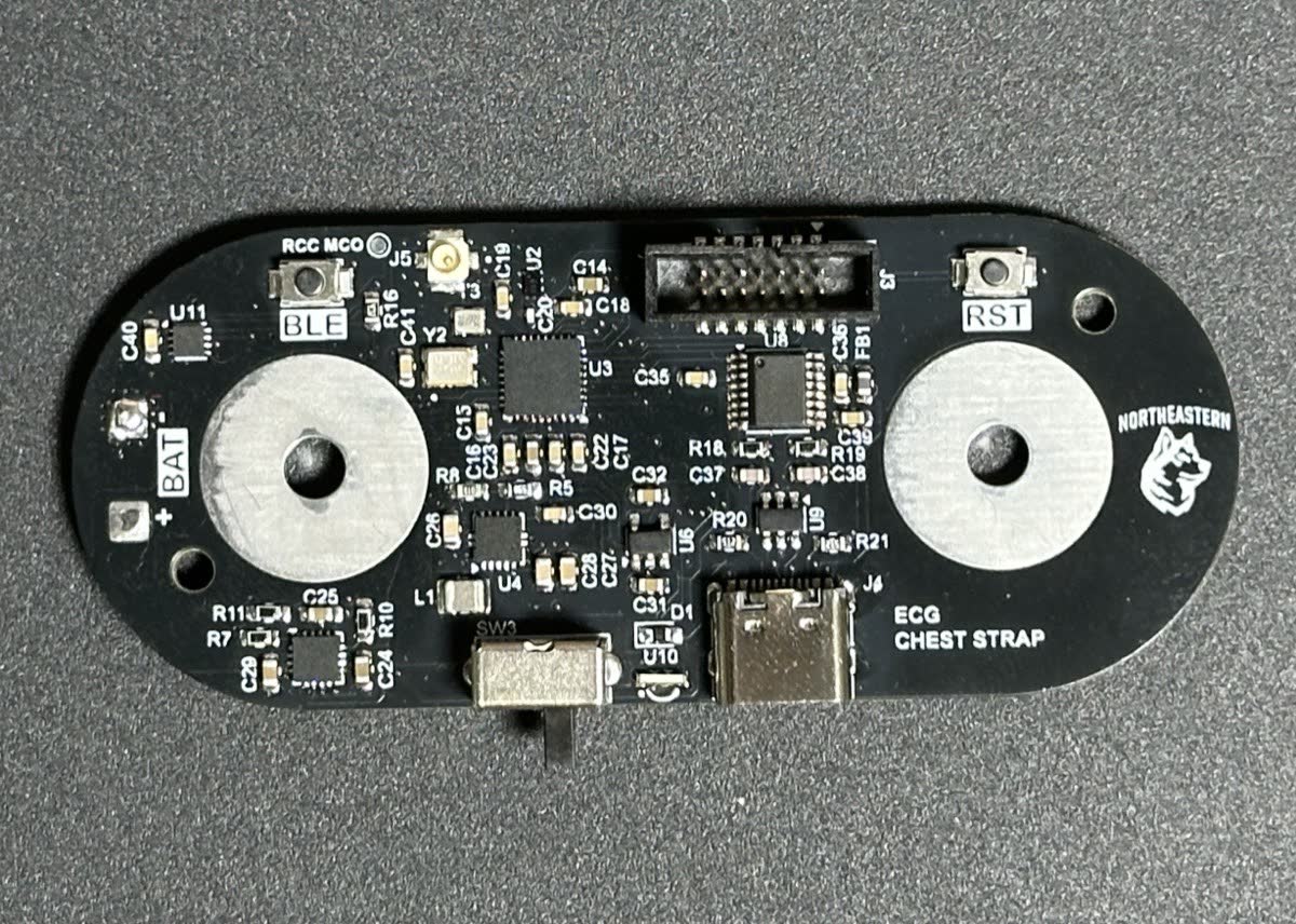 Assembled oval ECG chest strap PCB with two electrode snap pads
