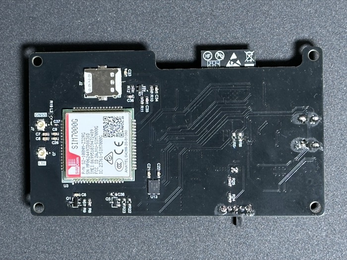 Assembled Rev2 main board, bottom side, with the SIM7000G module