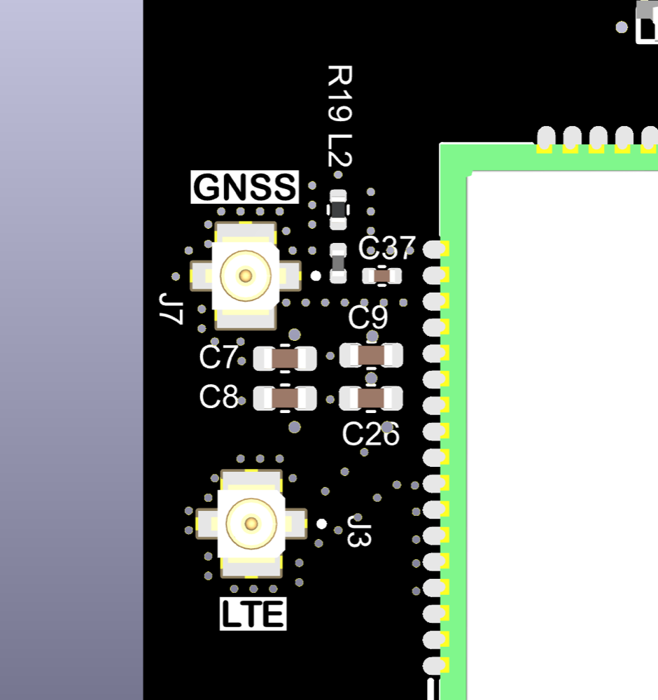 Close-up of the GNSS and LTE antenna connectors next to the SIM7000G footprint