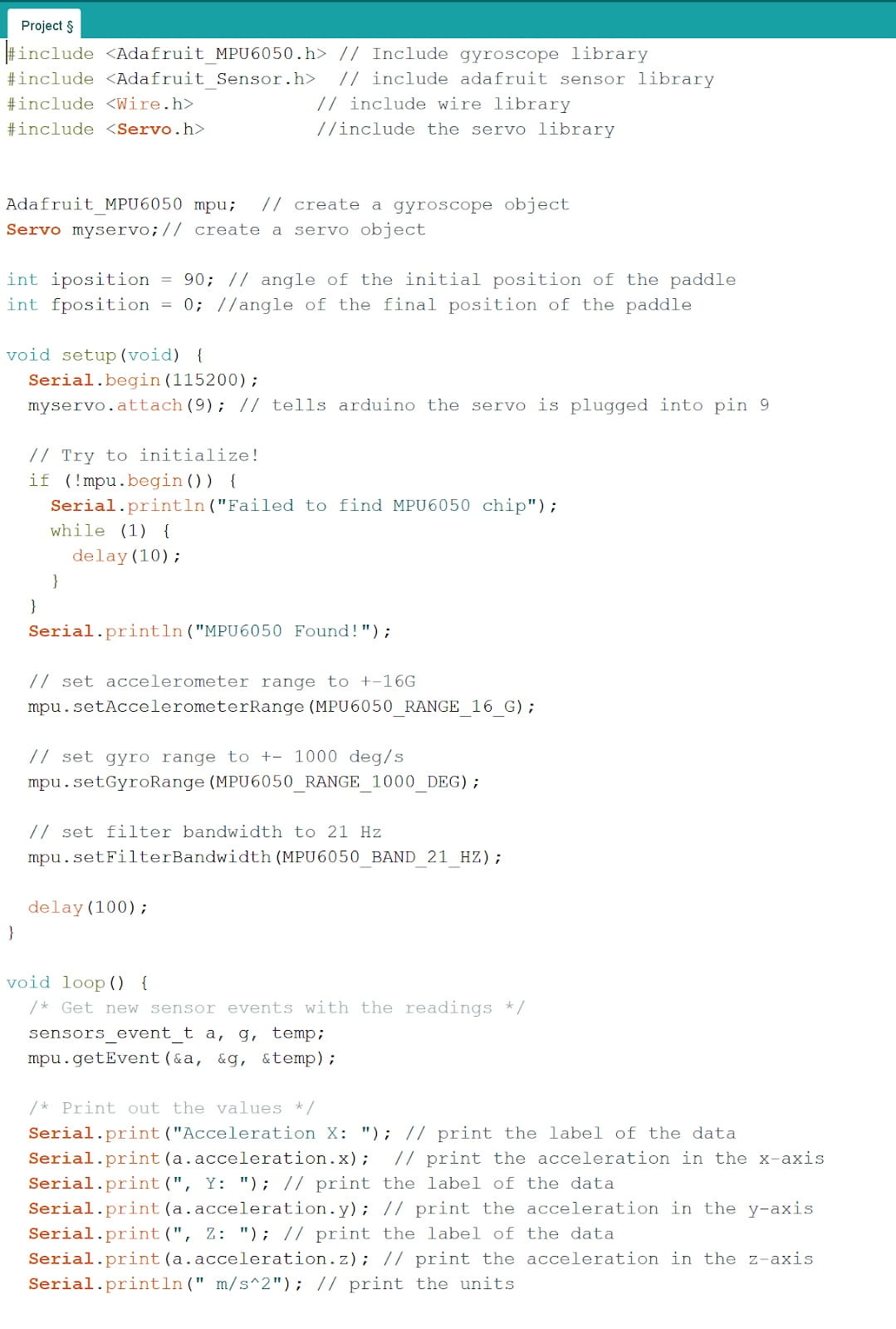 Arduino sketch: MPU6050 and servo setup, then reading and printing the accelerometer values in the loop