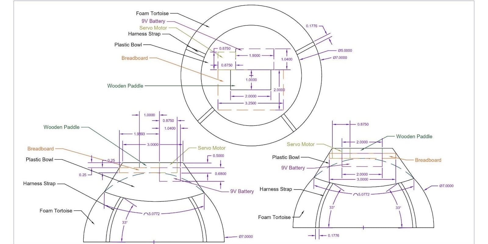 Mechanical drawing of the Tortoise Tipper: top and side views of the foam tortoise with the plastic bowl, breadboard, 9V battery, servo motor and wooden paddle