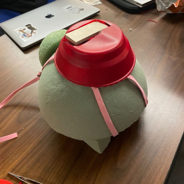 The foam tortoise with the red plastic bowl and wooden paddle on top, held on with pink straps