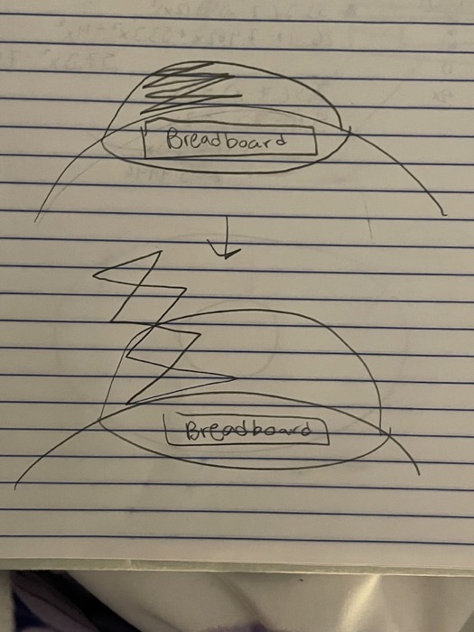 Hand sketch of the paddle swinging out from the shell above the breadboard